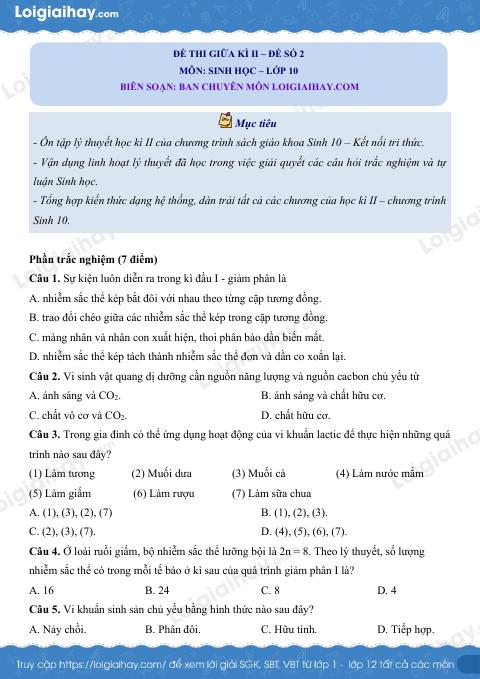 Đề thi giữa kì 2 Sinh 10 Kết nối tri thức - Đề số 2